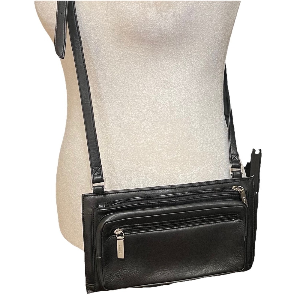 Vtg 90s HOBO Intl. Black Leather Crossbody Muti-Zip Bag Travel Minimalist Urban